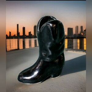Vintage Small Camark Pottery Black Cowboy Boot Wall Pocket  4"